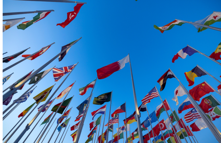 Le viager dans le Monde Drapeaux de plusieurs pays flottant sous un ciel bleu.