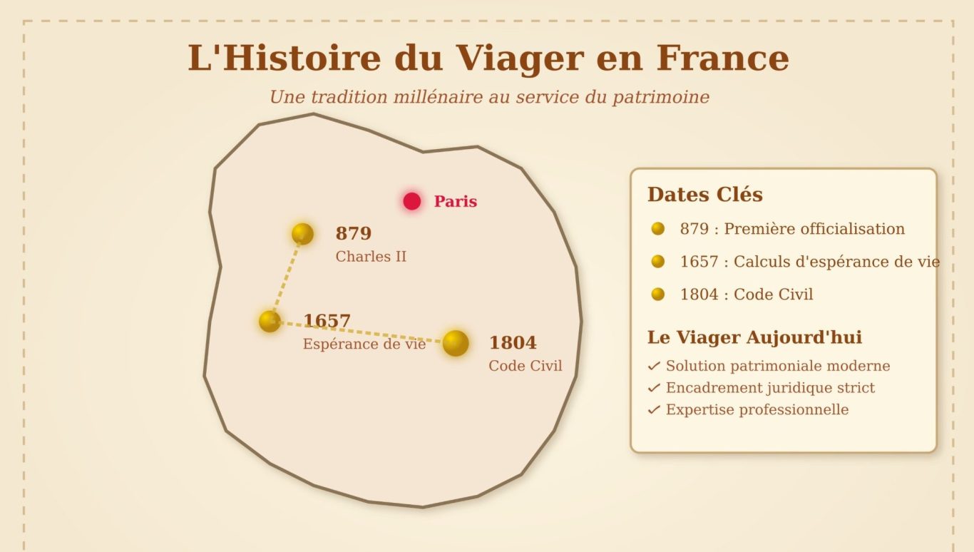 Le viager : une solution ancienne au service des réalités actuelles Carte illustrant l'histoire du viager en France avec des dates et des lieux clés.