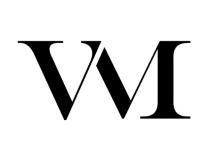 Logo Viager Montaigne Lettre stylisée "VM" en noir sur fond blanc.