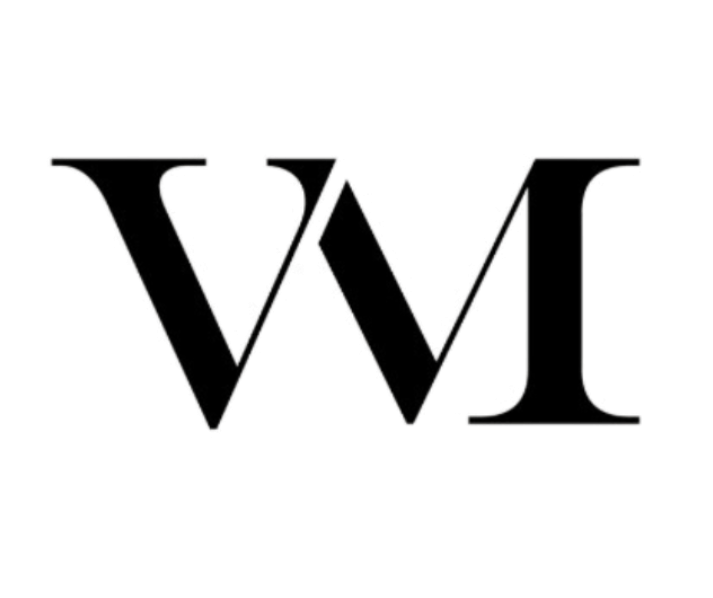 Logo stylisé avec les lettres "VM" en noir sur fond blanc.