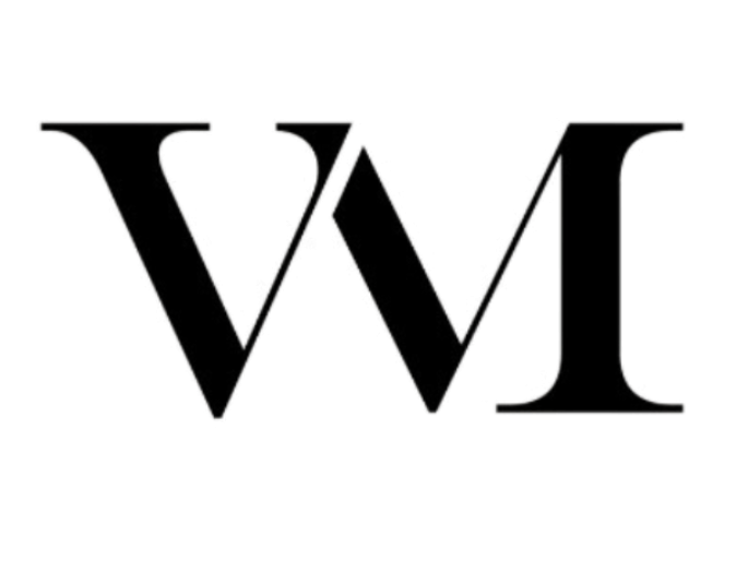 Logo stylisé avec les lettres "V" et "M" en noir.