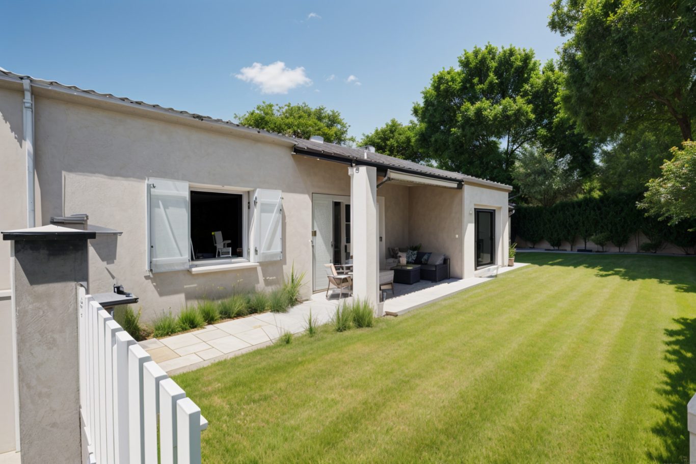 Façade avant de la maison Maison moderne avec terrasse, pelouse bien entretenue et arbres en arrière-plan.