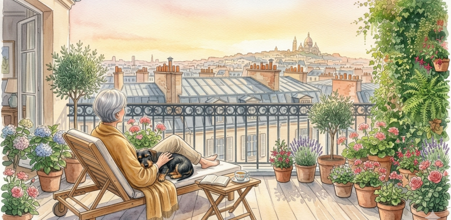 Aquarelle d'une femme senior sur sa terrasse parisienne avec son chien, contemplant Paris — illustration de l'article Viager Montaigne