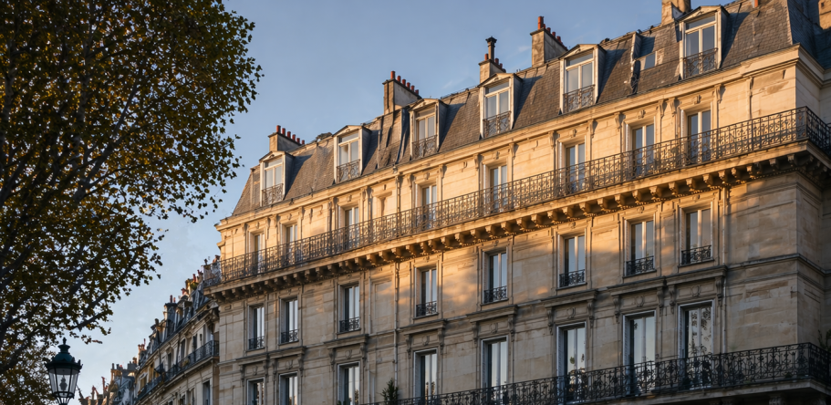 Façade d'un immeuble haussmannien parisien avec balcons en fer forgé, lumière dorée de fin de journée