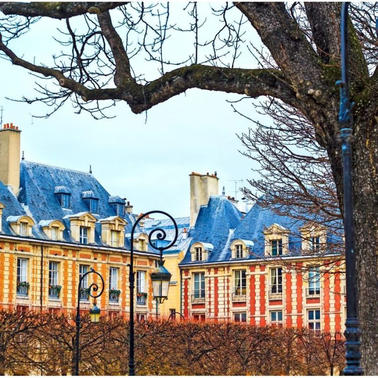 Viager Montaigne – Chemin vers la sérénité Maisons colorées avec toits bleus, arbres dénudés et lampadaires dans un parc.