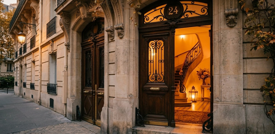 Patrimoine immobilier Paris - Viager Montaigne Porte d'un immeuble haussmannien parisien élégant avec portes en bois et lumière chaleureuse à l'intérieur.