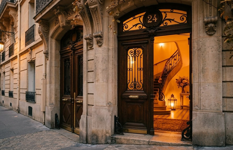 Entrée élégante avec portes en bois, éclairage chaleureux et un escalier visible à l'intérieur.