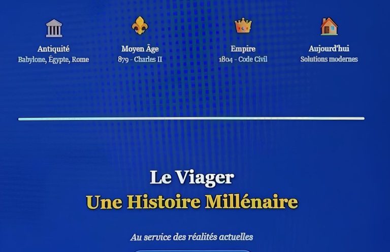 L'histoire millénaire du viager en France Texte sur fond bleu : "Le Vilager Une Histoire Millénaire" avec des icônes en haut.