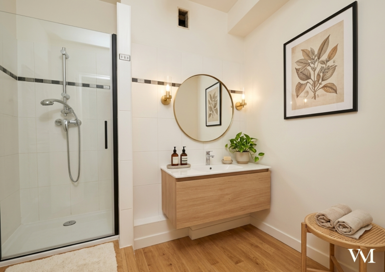 Salle de bain moderne avec douche, lavabo en bois, miroir rond et décoration végétale.