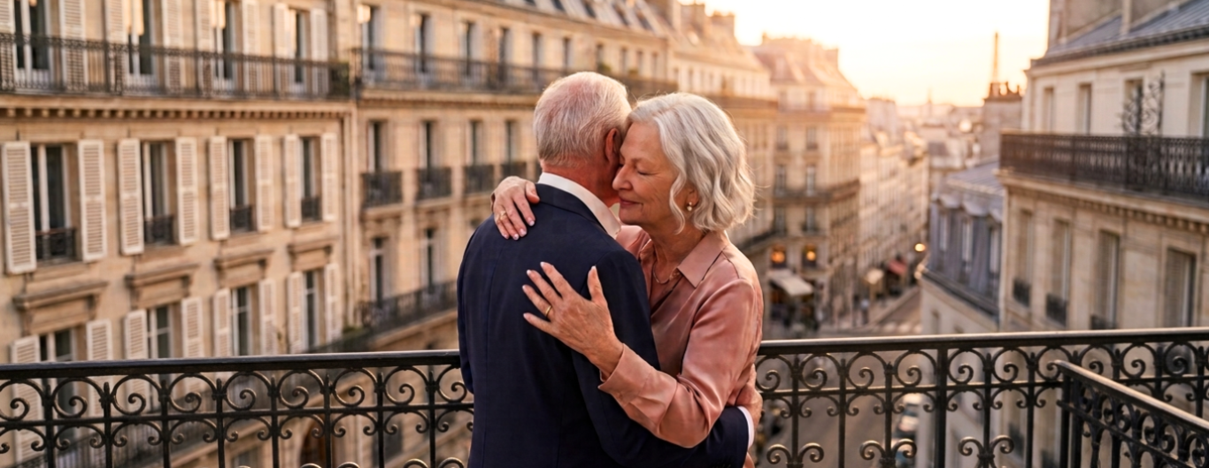 Viager Montaigne – Ensemble pour une décision éclairée Un couple âgé s'étreignant joyeusement dans un champ ensoleillé.
