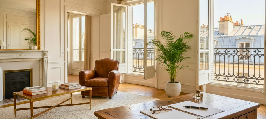
Acte notarié et stylo posés sur un bureau élégant dans un intérieur parisien, illustrant la sécurité juridique du vendeur en viager.