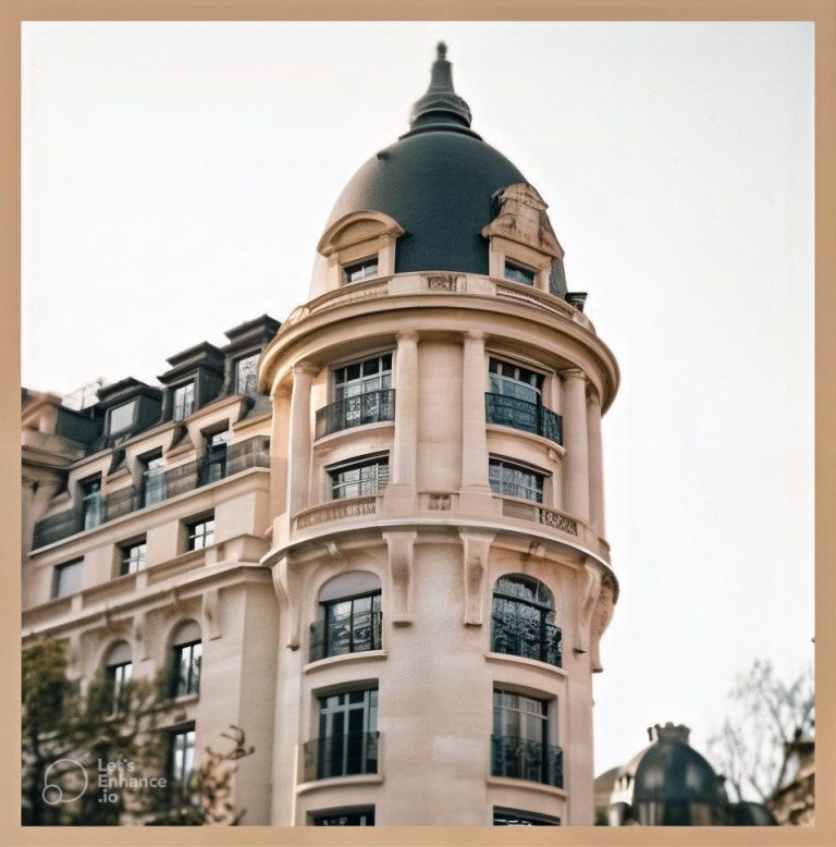 Immeuble élégant avec une façade en pierre et un toit en pente, typique de l'architecture parisienne.