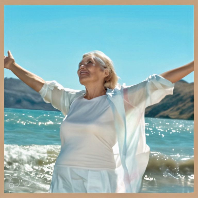 Femme âgée souriante, bras ouverts, face à la mer sous un ciel ensoleillé.