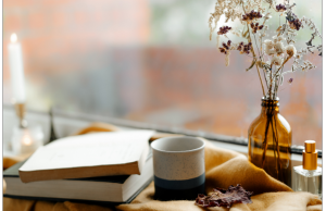 Le Viager, havre de stabilité Livre fermé, tasse blanche, vase avec fleurs sèches, et tissu brun sur une table.