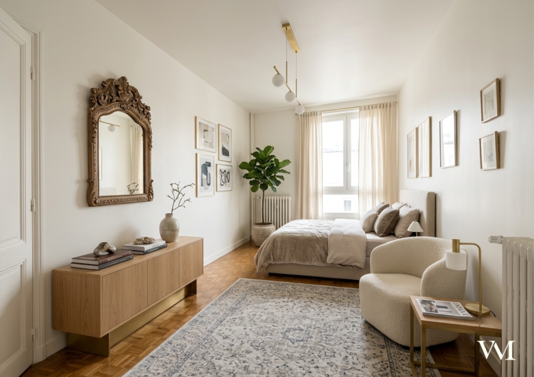 Chambre moderne avec un lit, un meuble en bois, une plante et un miroir décoratif.