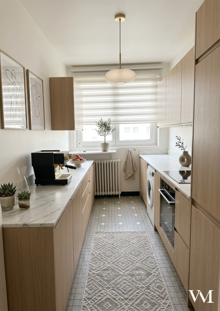 Cuisine moderne aux meubles en bois, plan de travail en marbre, et lumière naturelle.