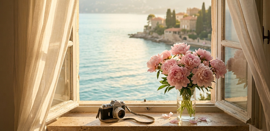 Bouquet de pivoines roses et appareil photo posés sur le rebord d'une fenêtre ouverte en bord de mer Méditerranée — illustration symbolique 