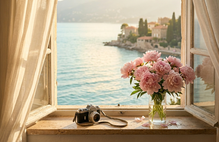 Vue depuis une fenêtre ouverte sur un lac, avec des fleurs et un appareil photo sur le rebord.