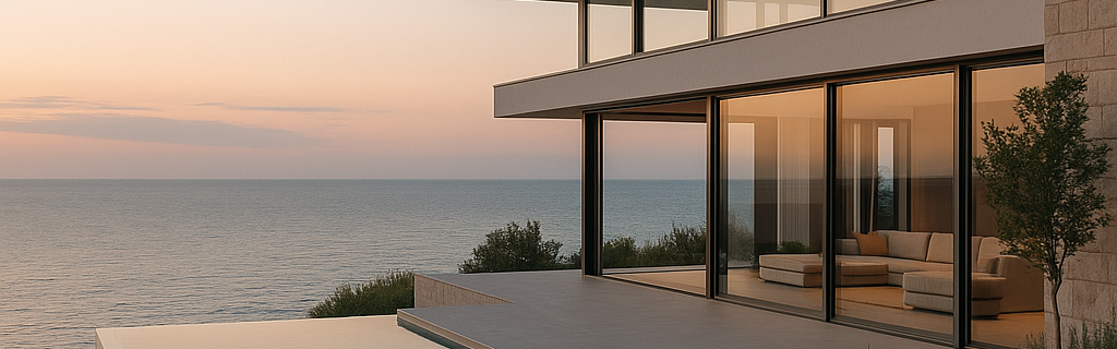 Villa moderne avec grandes fenêtres, vue sur la mer au coucher du soleil.