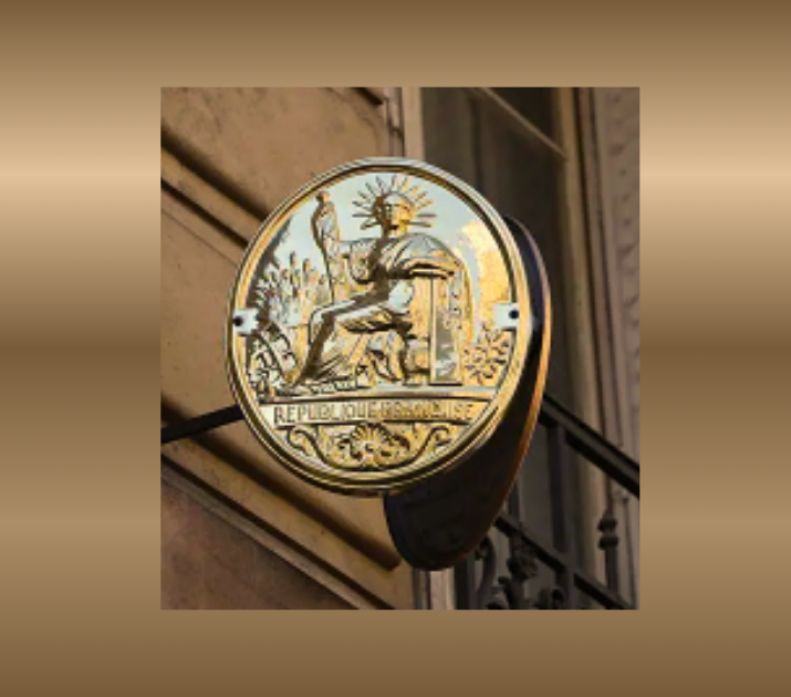VIAGER MONTAIGNE, deux anciennes huissiers de Justice au service des seniors Plaque en métal doré représentant une figure humaine et des motifs floraux.