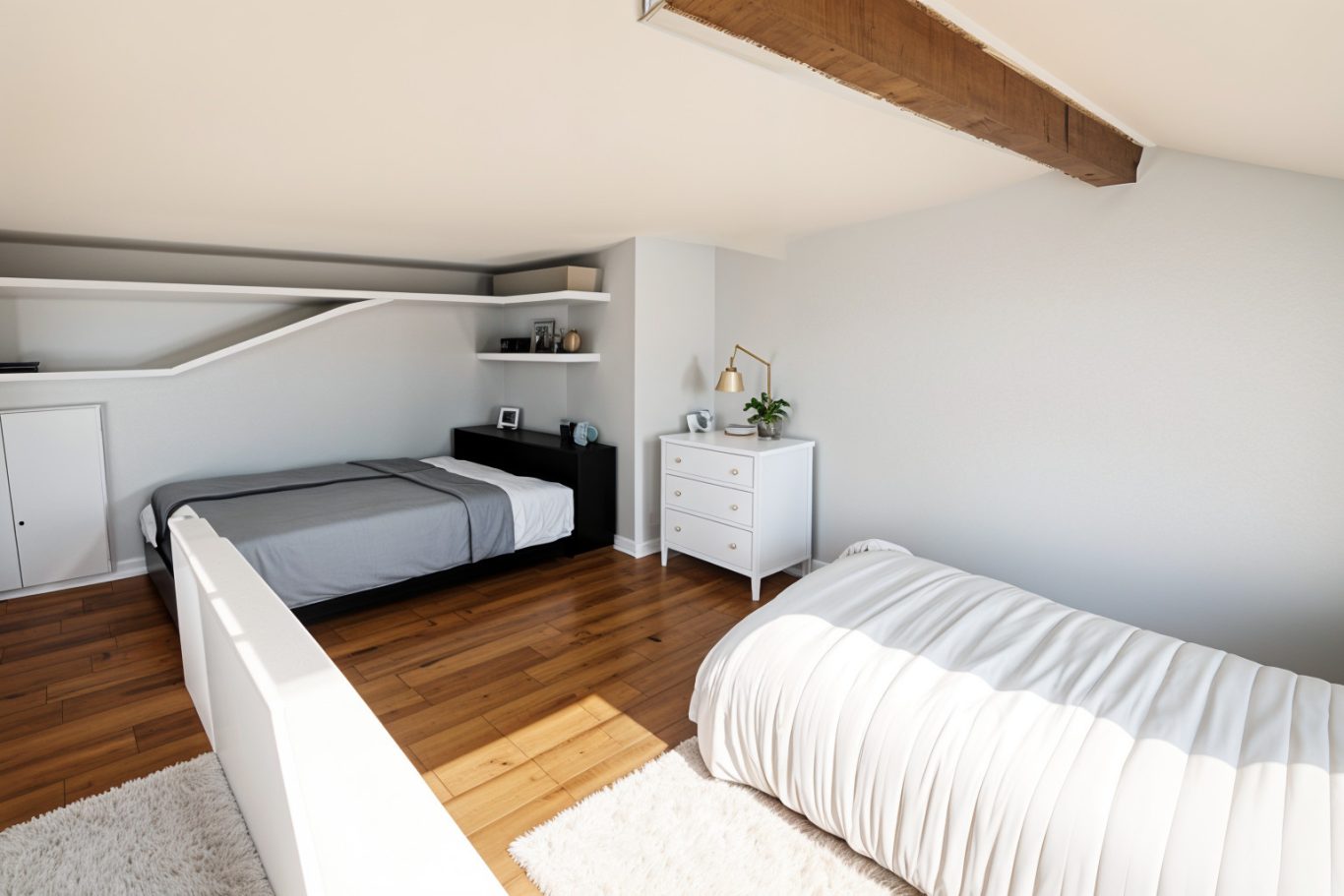 Chambre mezzanine Chambre lumineuse avec lit double et lit simple, murs clairs et parquet en bois.