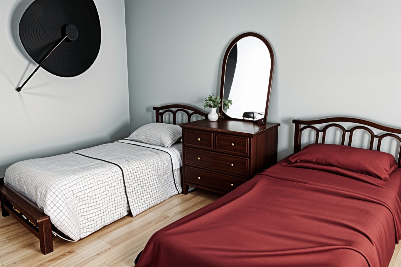 Chambre 2 Chambre avec deux lits, une commode en bois et un miroir, mur gris et sol en bois.