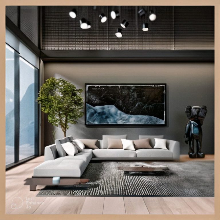 Intérieur lumineux et élégant avec un salon chic et des fenêtres donnant sur l’extérieur.