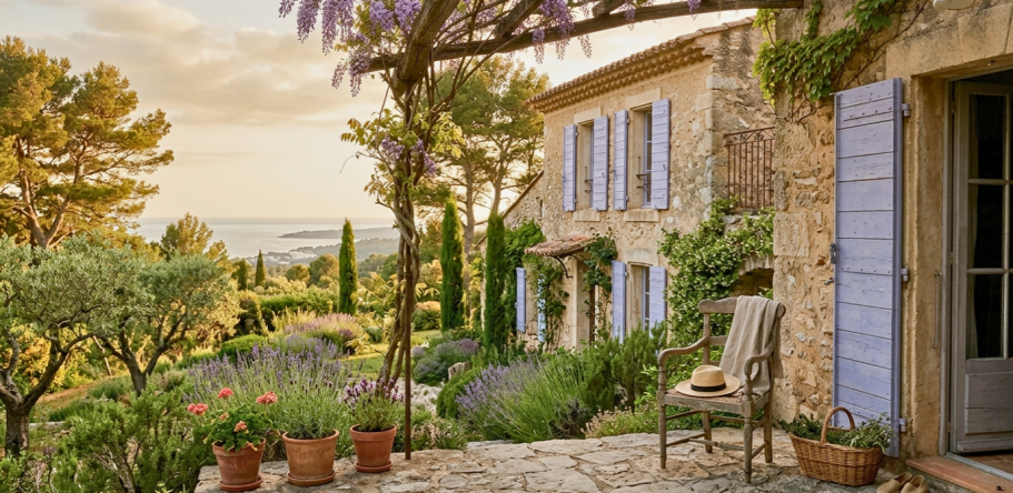 Vendre sa résidence secondaire en viager Mas provençal en pierre au coucher du soleil, vue sur la Méditerranée, illustration pour la vente en viager d'une résidence secondaire.