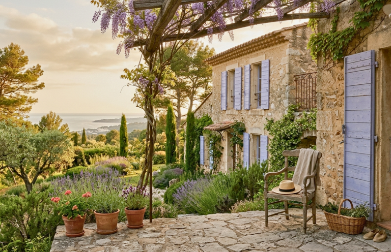 Mas provençal en pierre au coucher du soleil, vue sur la Méditerranée, illustration pour la vente en viager d'une résidence secondaire.