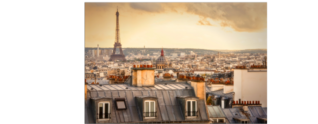 Vue panoramique sur Paris avec la tour Eiffel au loin, sous un ciel nuageux.