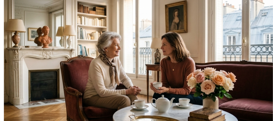 Vendre en viager : faut-il l'accord de ses enfants ? Deux femmes discutent confortablement dans un salon lumineux, une tasse à la main.