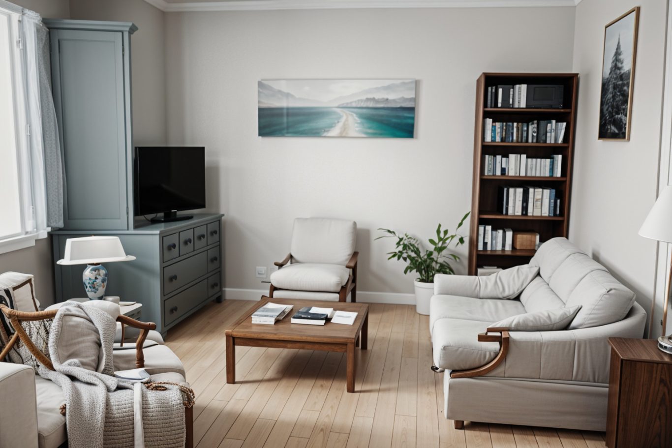 Séjour Salon confortable avec canapé, fauteuils, meuble TV et étagères remplies de livres.