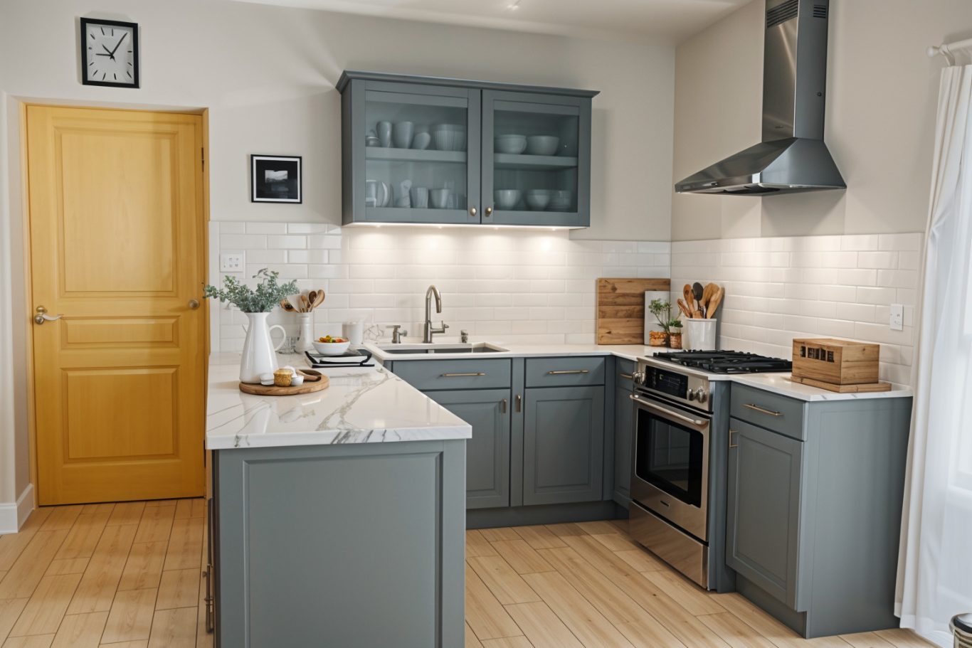 Cuisine ouverte Cuisine moderne avec meubles gris, un plan de travail en marbre et un éclairage chaleureux.