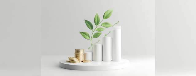 Graphique de croissance financière avec pièces et plante verte.