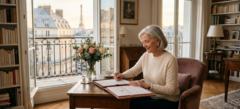 Femme âgée écrivant à un bureau avec vue sur la Tour Eiffel et un vase de fleurs.