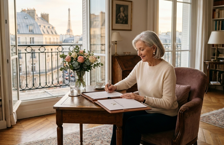 La vente à terme : vendre sans aléa Femme âgée assise à un bureau, écrivant, avec une vue sur Paris et une vase de fleurs.